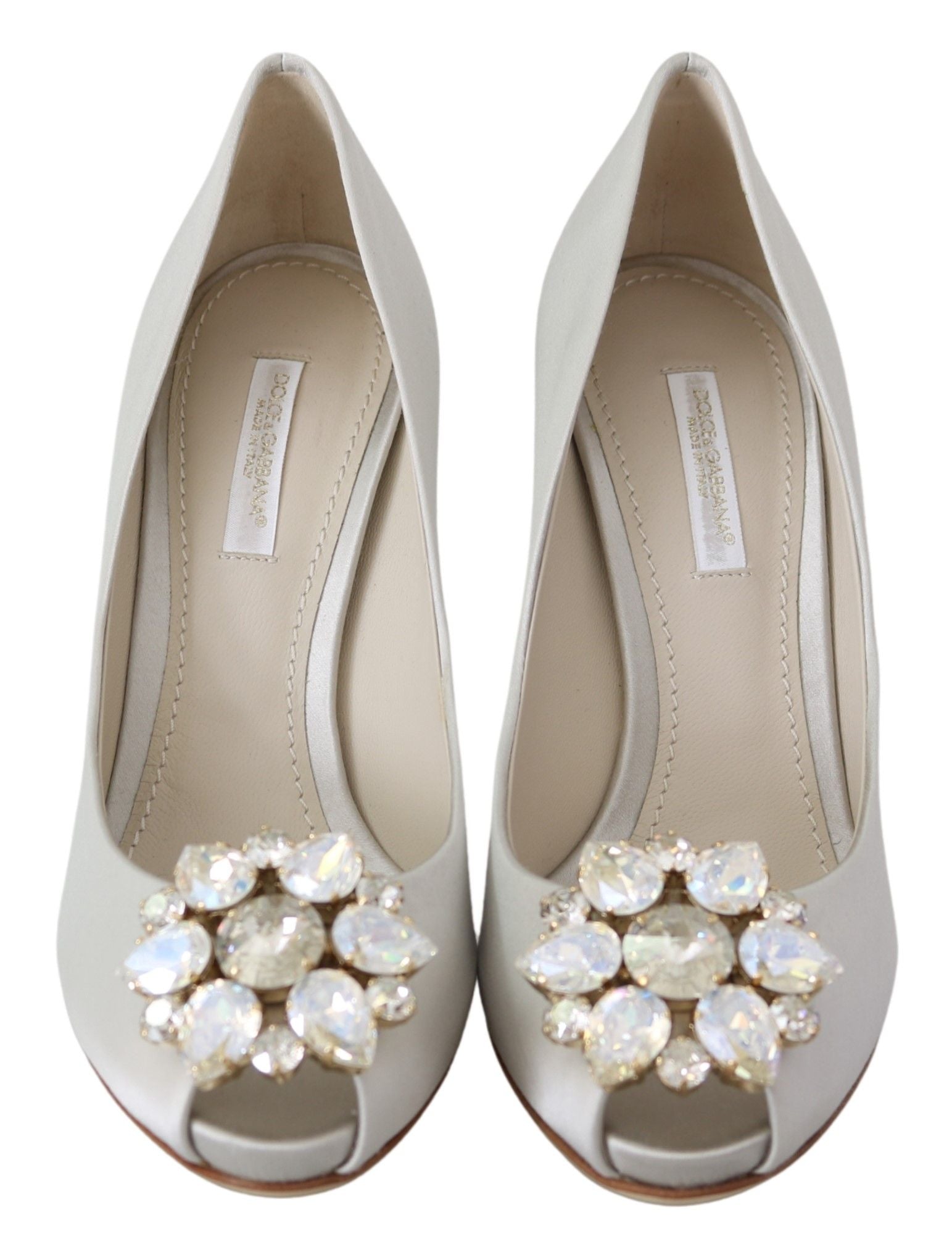 Vita Kristaller Peep Toe Klackar Satin Pumps Skor