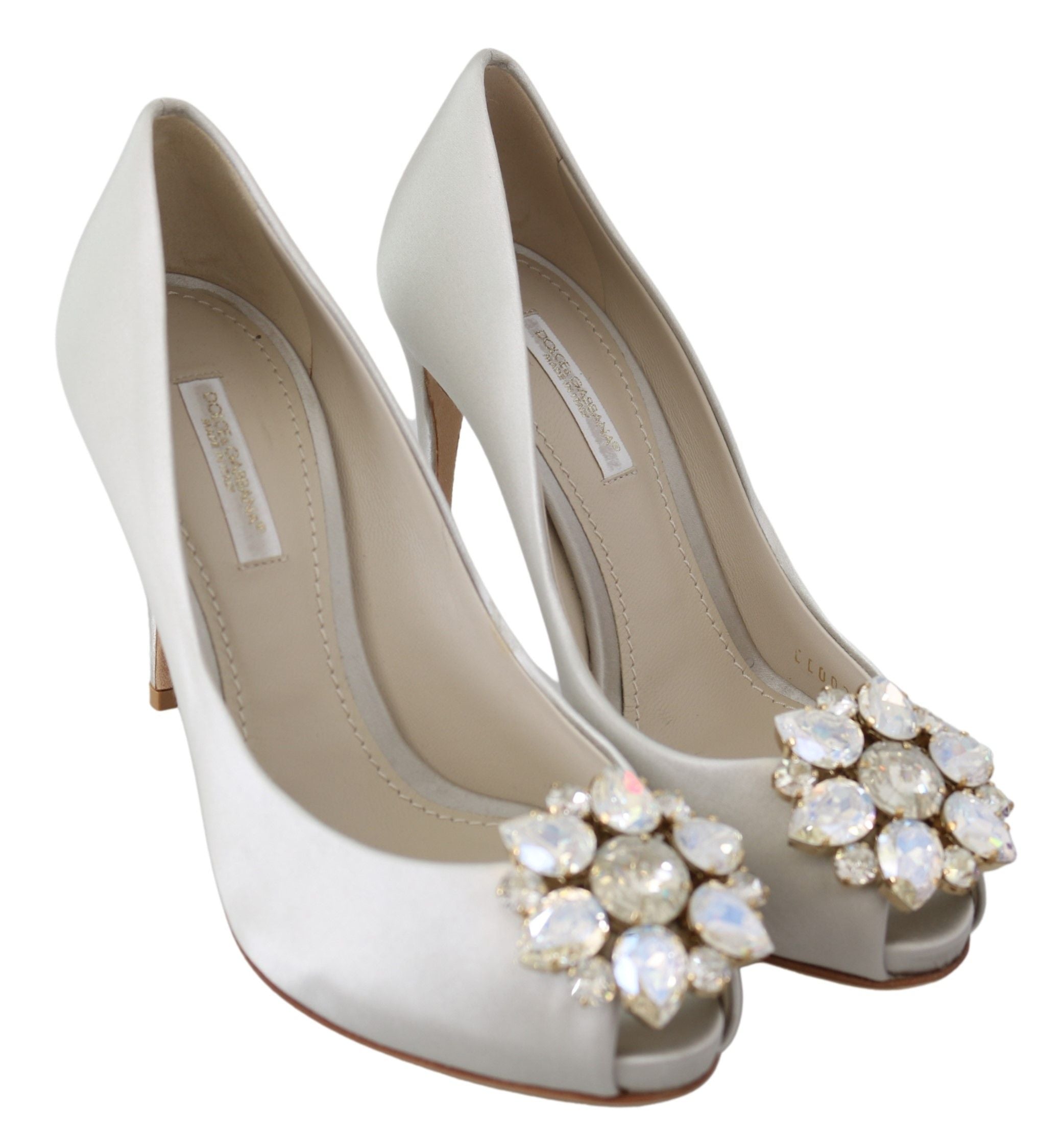 Vita Kristaller Peep Toe Klackar Satin Pumps Skor