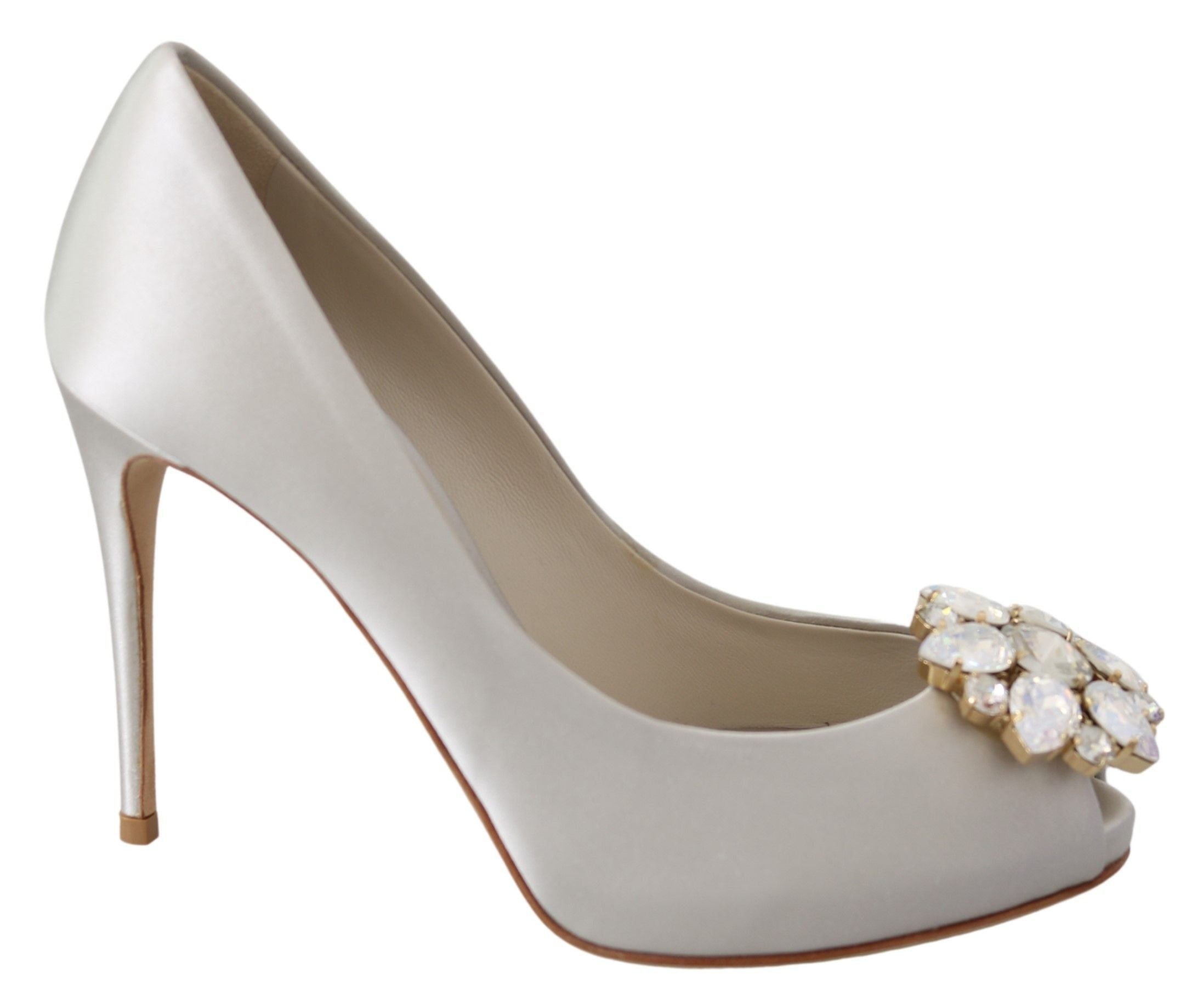 Vita Kristaller Peep Toe Klackar Satin Pumps Skor