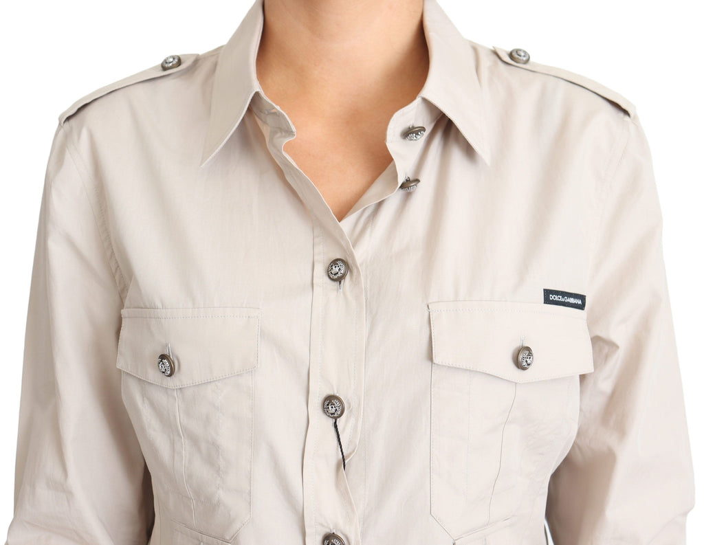 Beige poppig safari-skjorttopp med fickor
