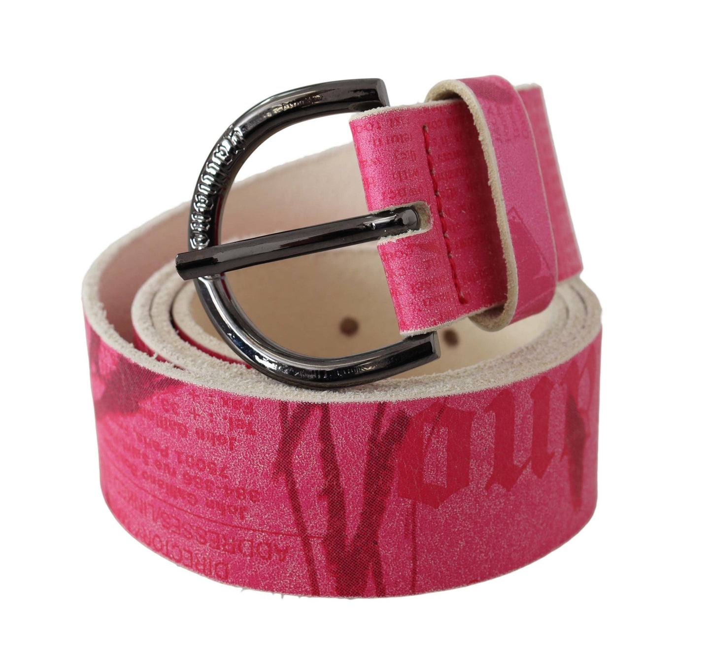 John Galliano rosa skinnbelte med rund spenne, bokstavlogodesign