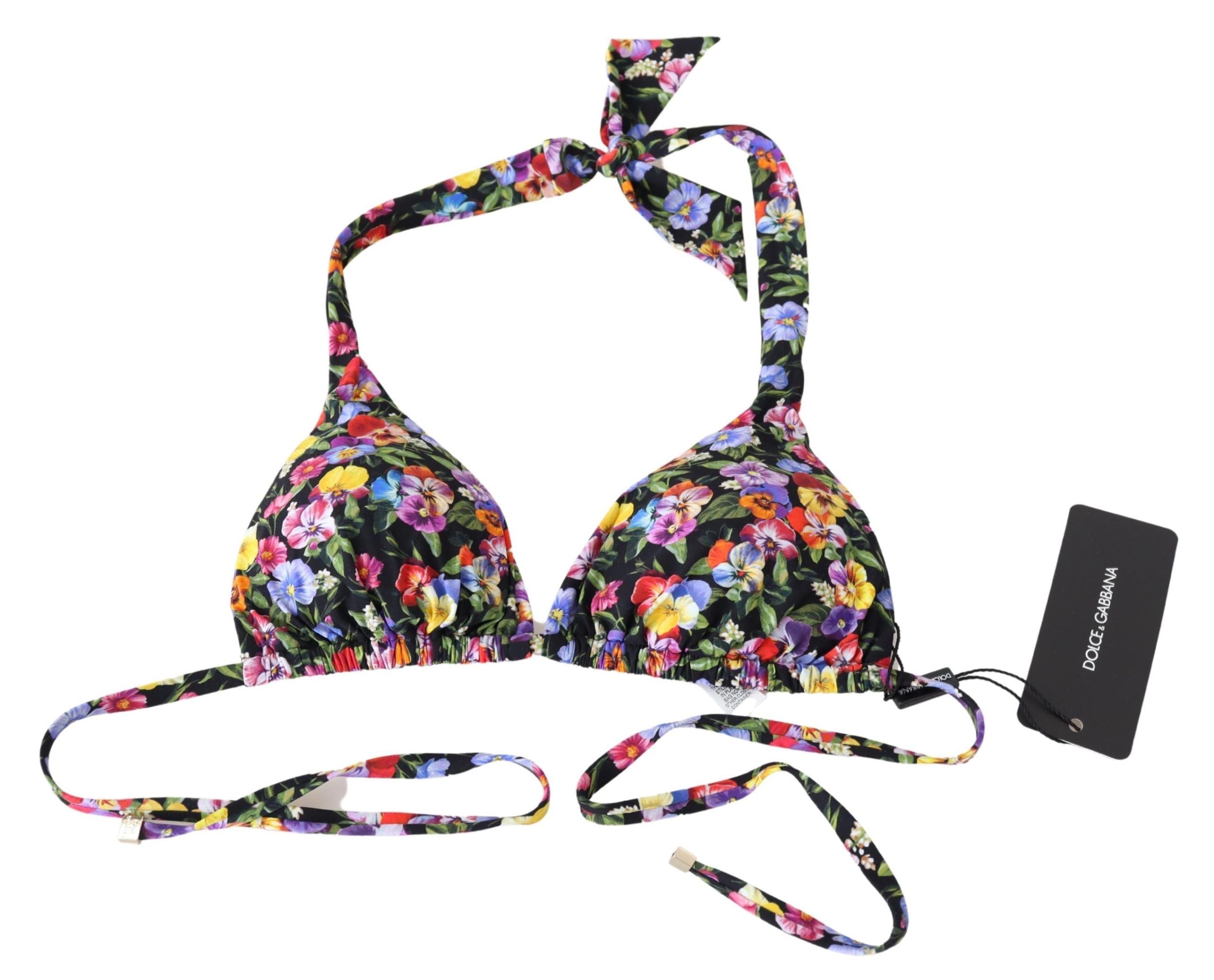 Svart blommig baddräkt med strandmotiv och bikiniöverdelar