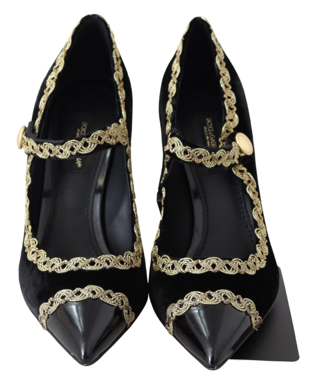Svarta sammetsguldfärgade Mary Janes-pumps