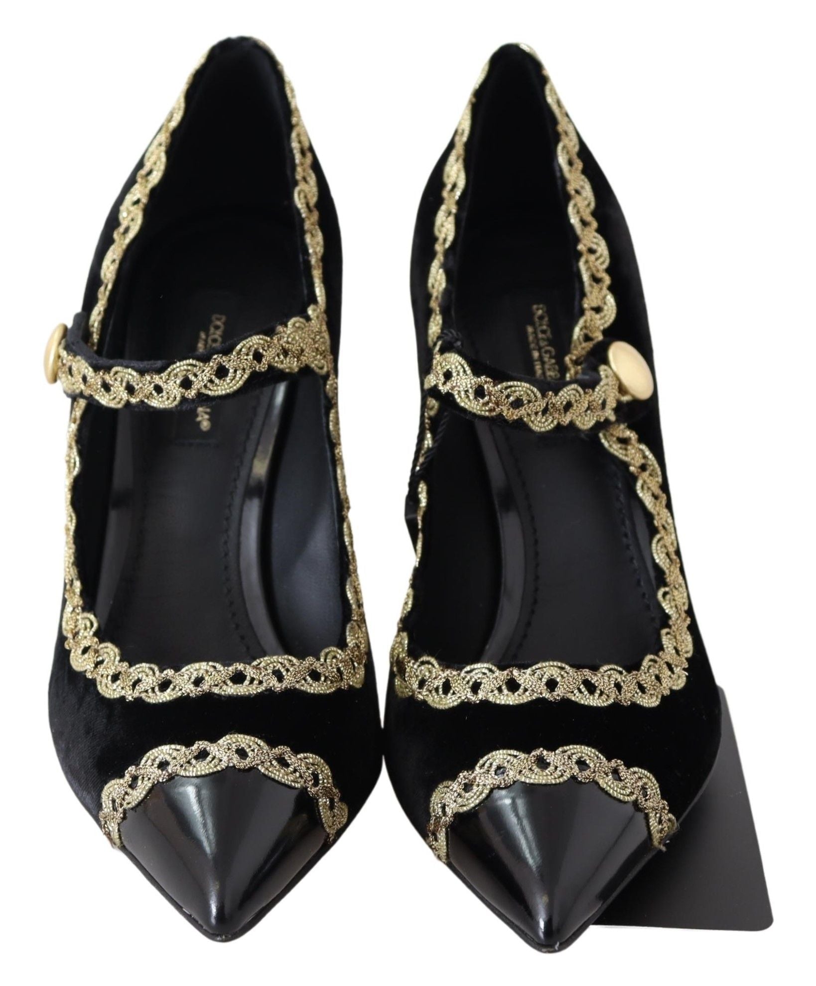 Svarta sammetsguldfärgade Mary Janes-pumps