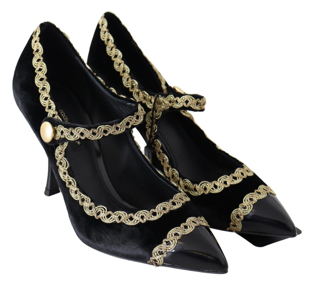 Svarta sammetsguldfärgade Mary Janes-pumps