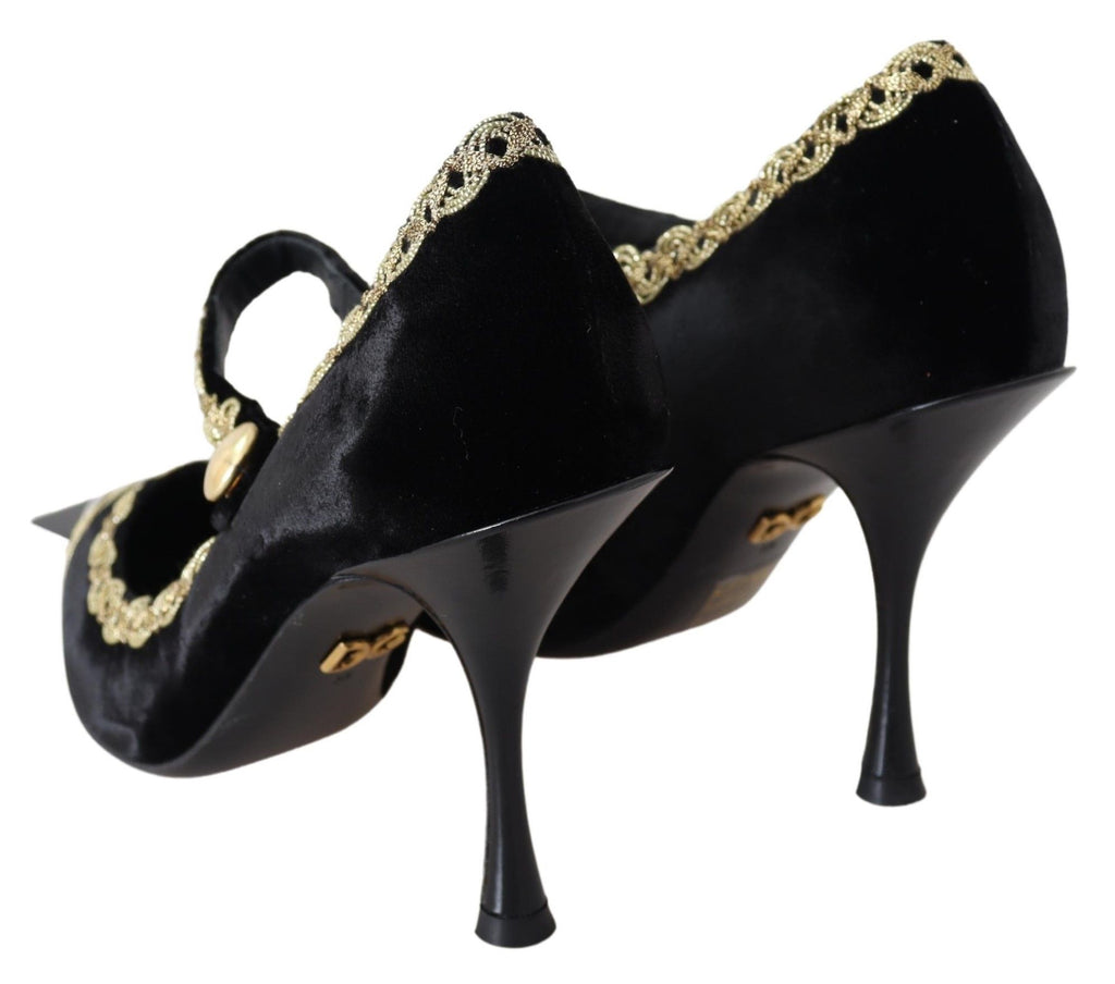 Svarta sammetsguldfärgade Mary Janes-pumps