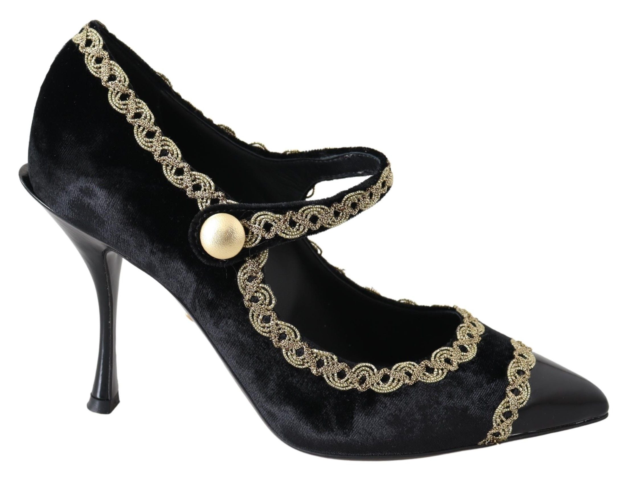 Svarta sammetsguldfärgade Mary Janes-pumps