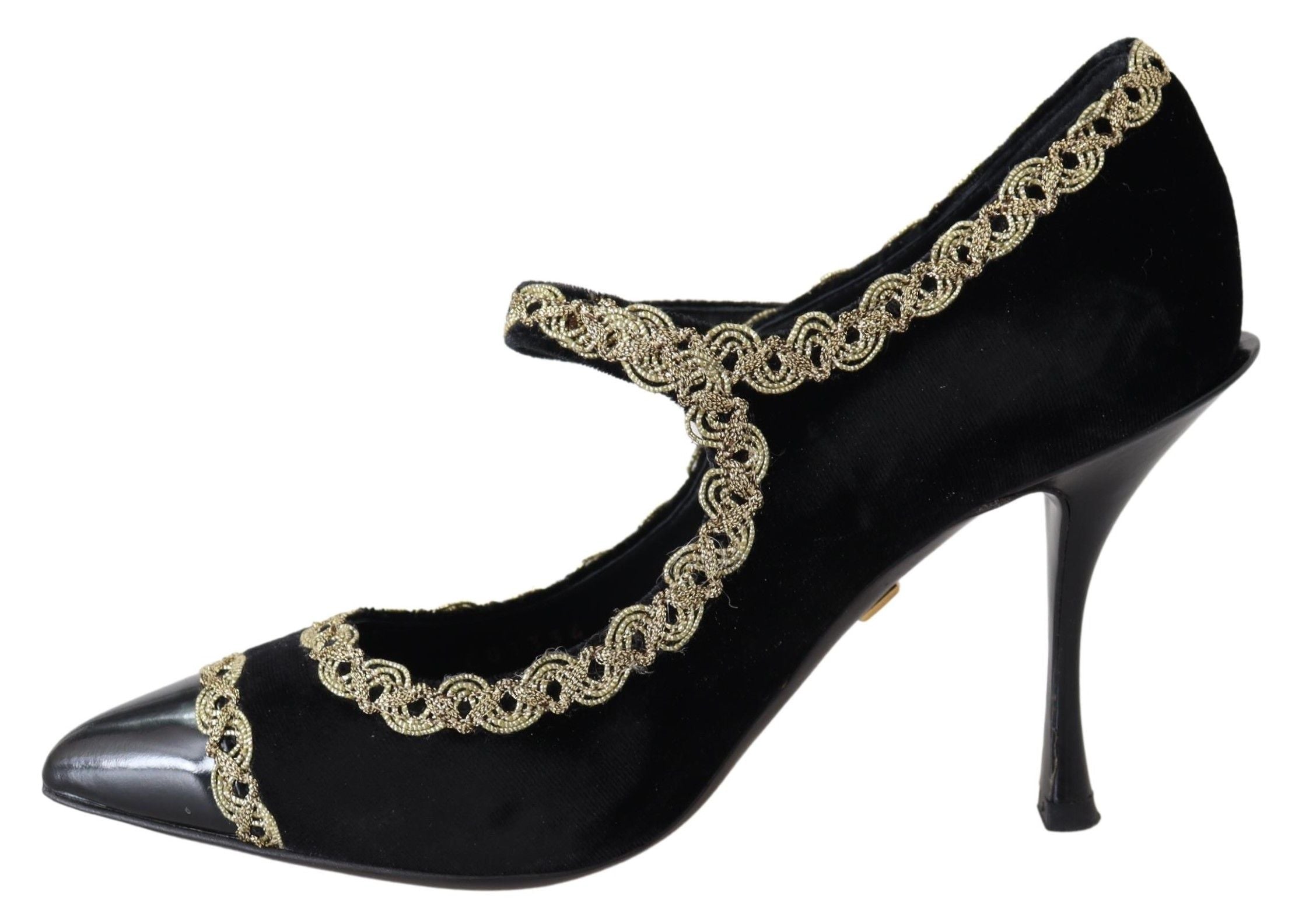 Svarta sammetsguldfärgade Mary Janes-pumps