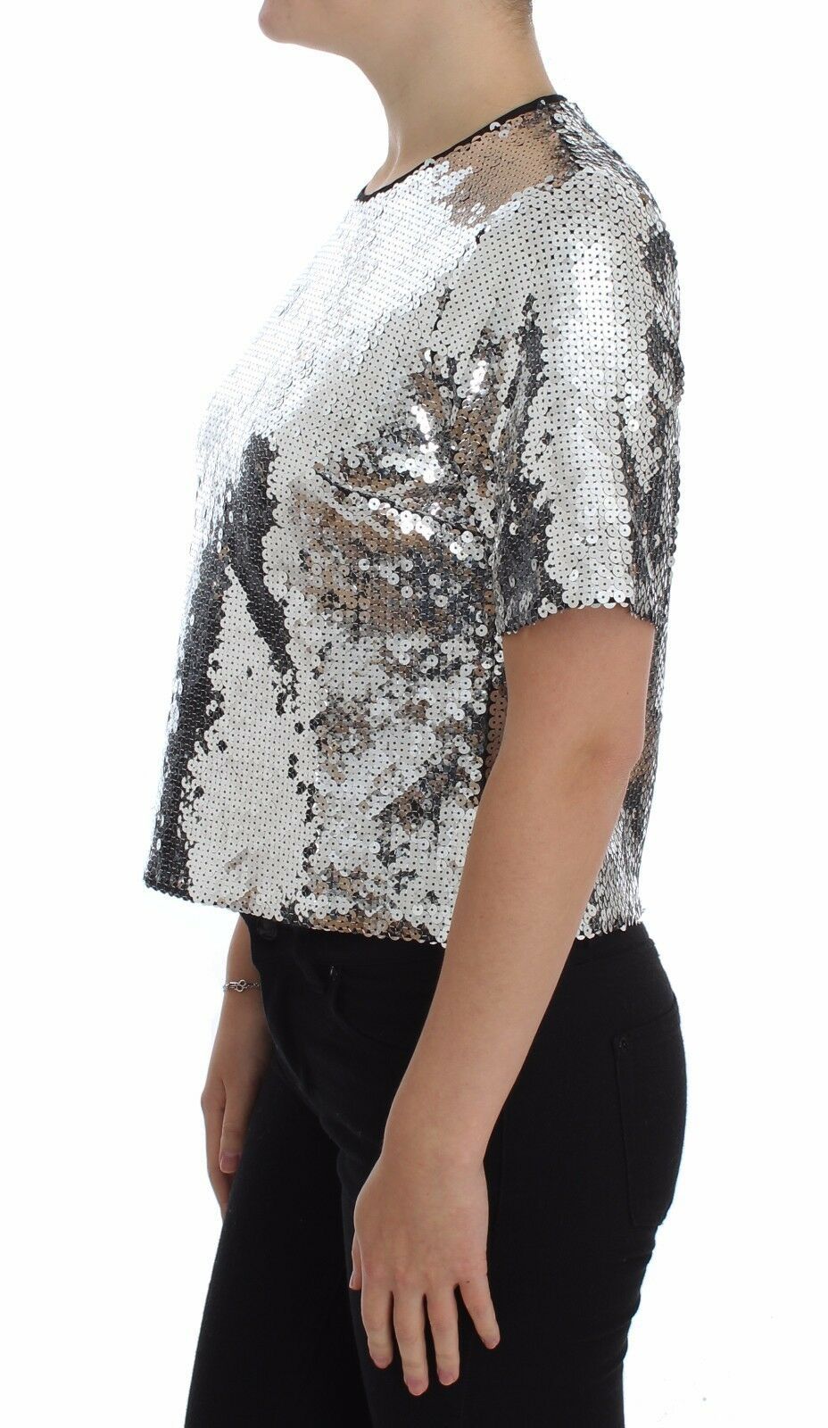 Dolce & Gabbana Silver Sequined Crewneck Blouse T-shirt Top
