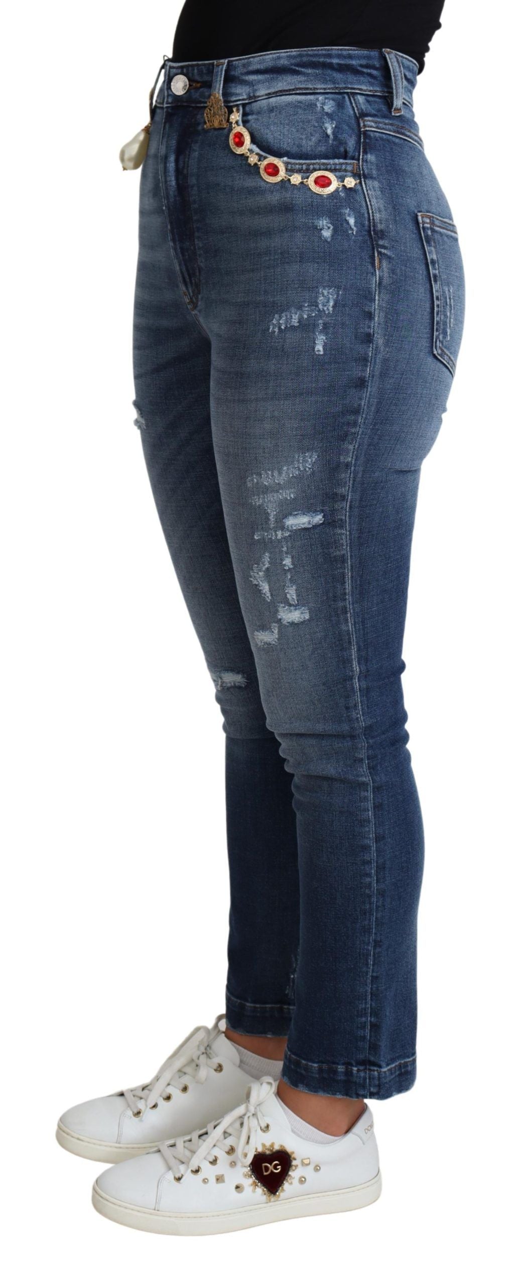 Blå utsmyckade skinny byxor i bomull med jeansshorts