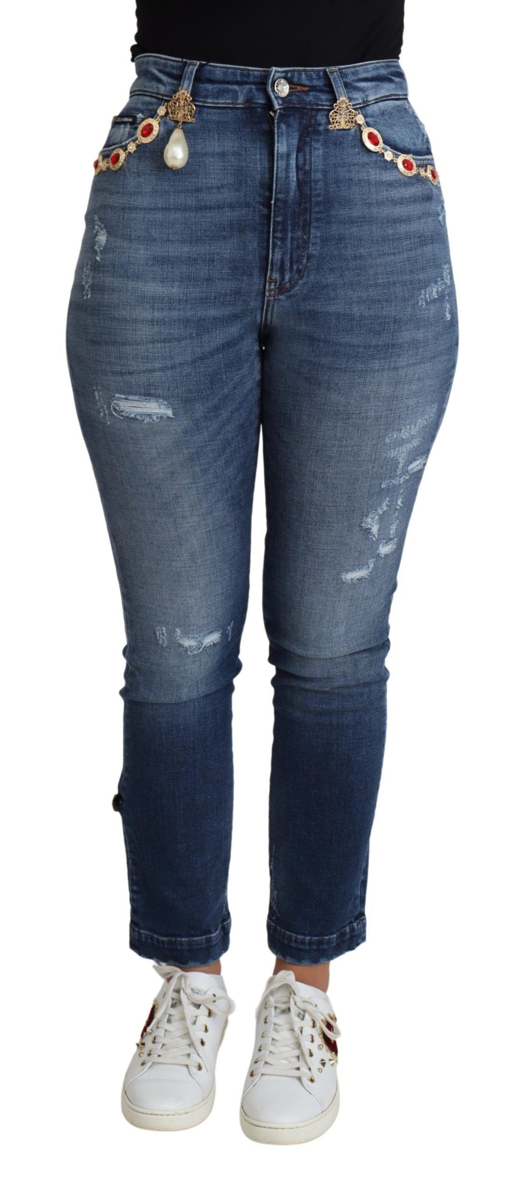 Blå utsmyckade skinny byxor i bomull med jeansshorts