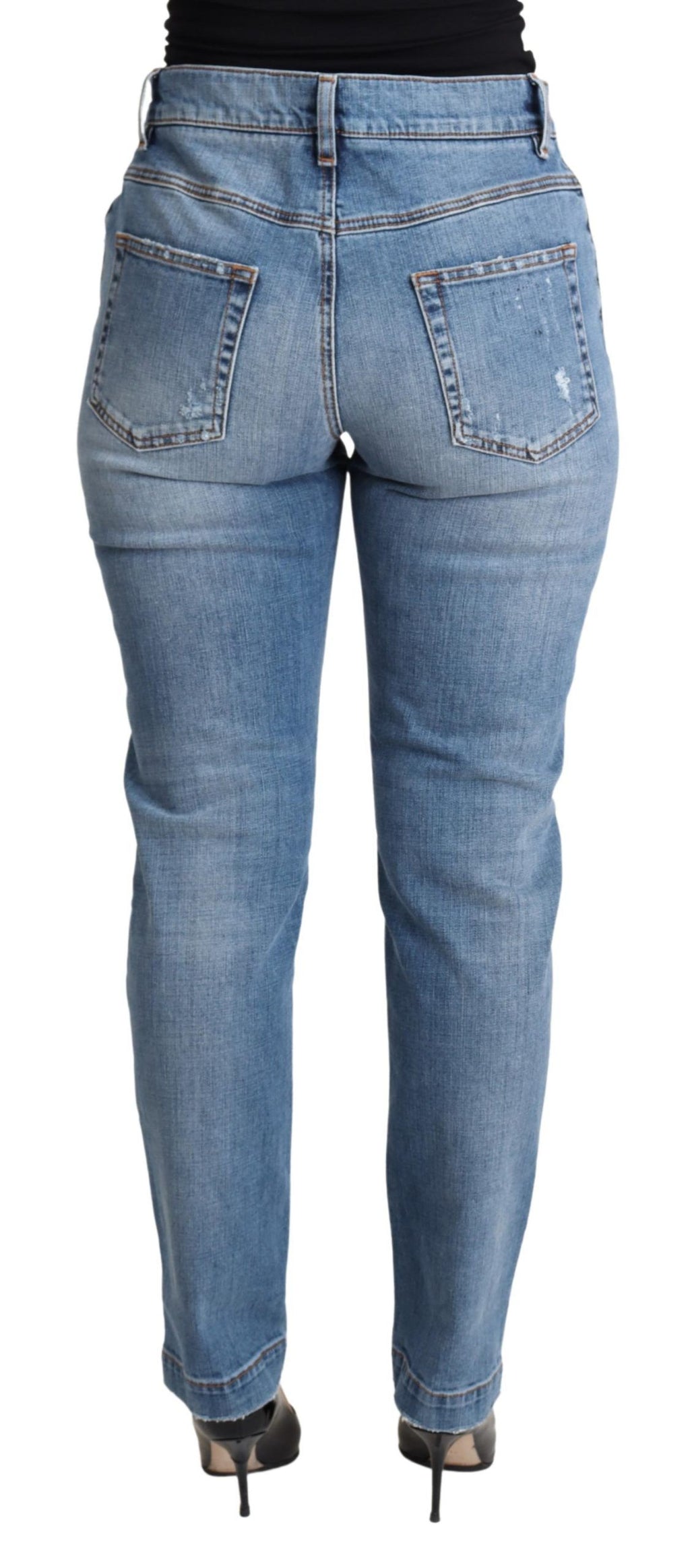 Blåa, slitna, smala denimjeans i bomullsblandning
