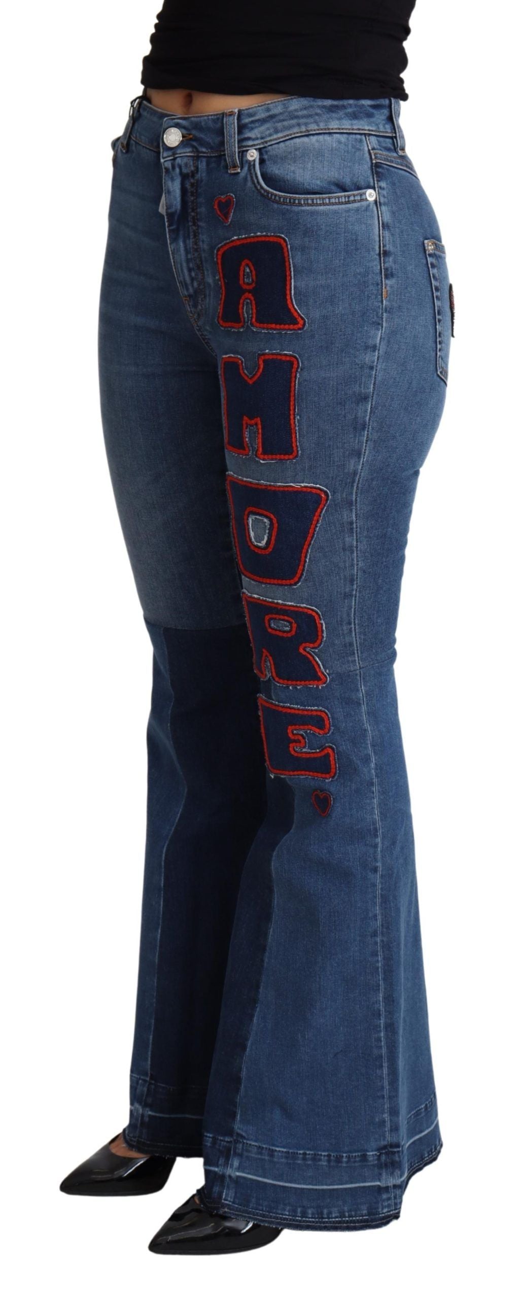 Blå Amore Patch Boot Cut bomullsstretchbyxor