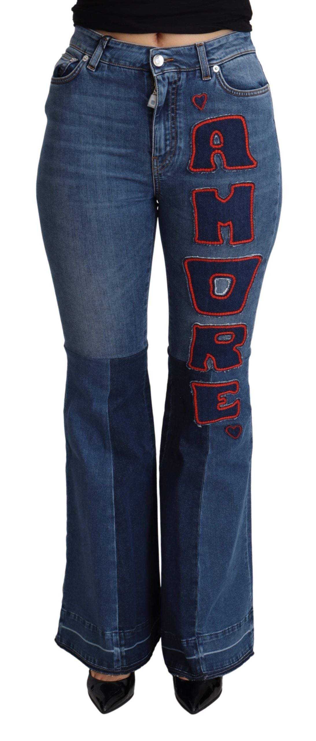 Blå Amore Patch Boot Cut bomullsstretchbyxor