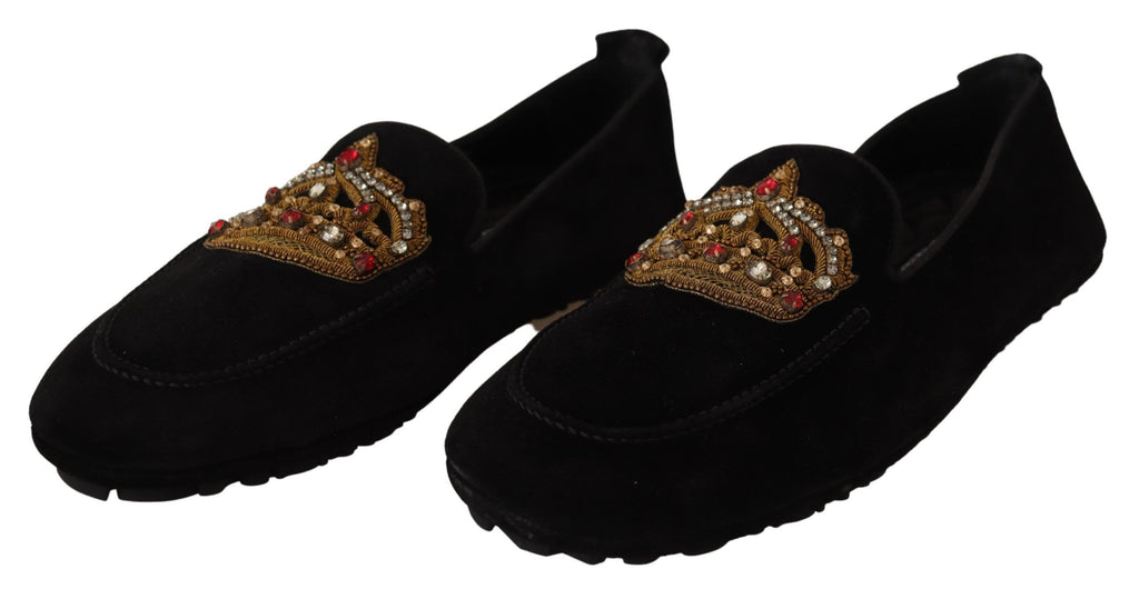 Svarta Läder Kristall Guld Krona Loafers Skor