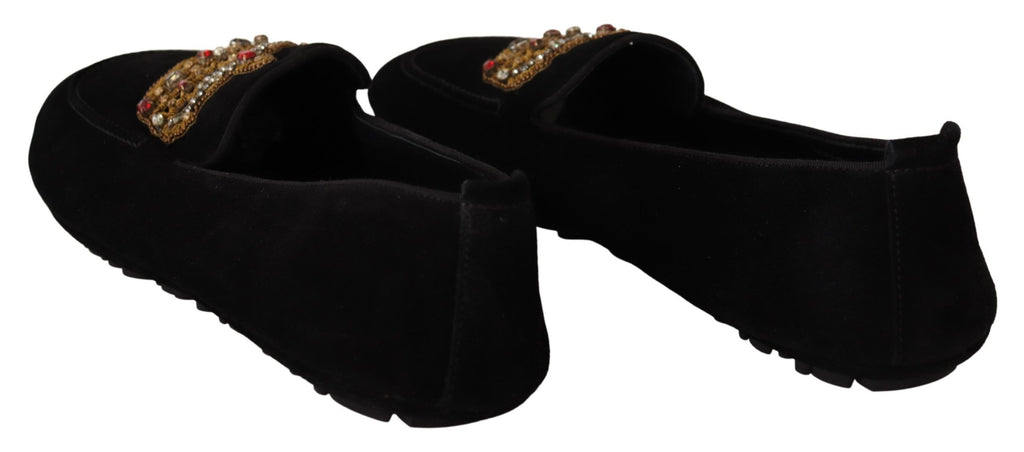 Svarta Läder Kristall Guld Krona Loafers Skor