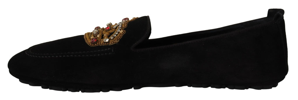 Svarta Läder Kristall Guld Krona Loafers Skor