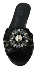 Dolce & Gabbana Black Taormina Lace Slides Crystals Flats Shoes