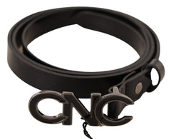 Costume National Black Leather Letter Logo Buckle Belt