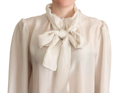 Dolce & Gabbana Light Gray Ascot Collar Shirt Silk Blouse Top