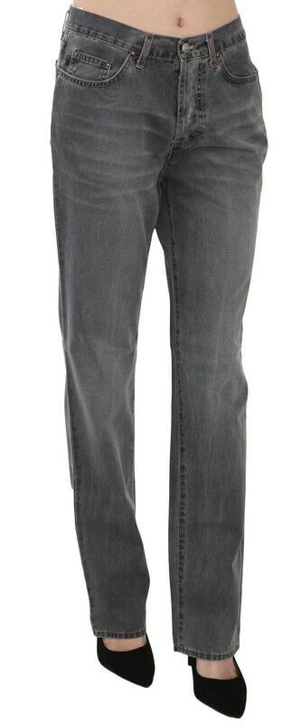 Grå tvättade raka denimbyxor med medelhög midja