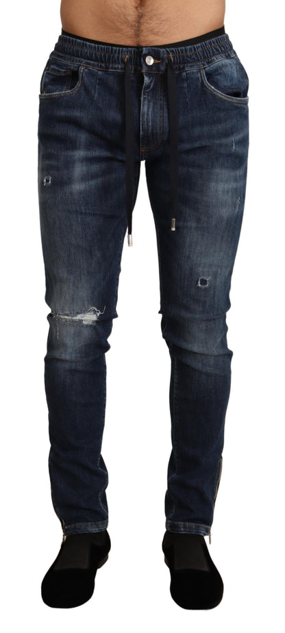 Dolce &amp; Gabbana Blå Bomullsstretchiga Trasiga Denimjeans