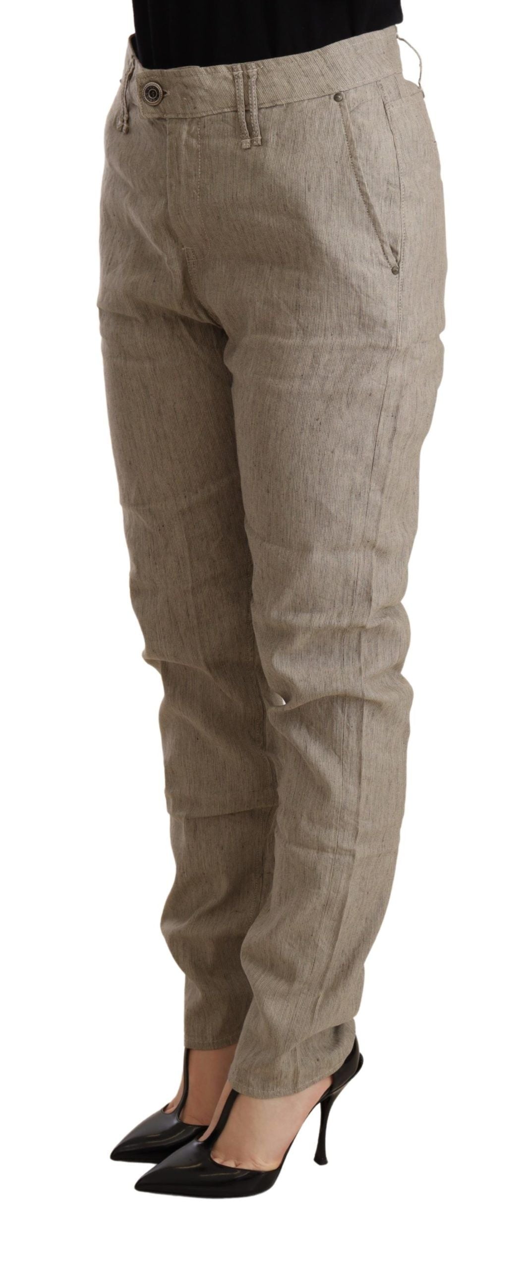 Beige Byxor Med Mellanhög Midja, Casual, Baggy, Stretchig