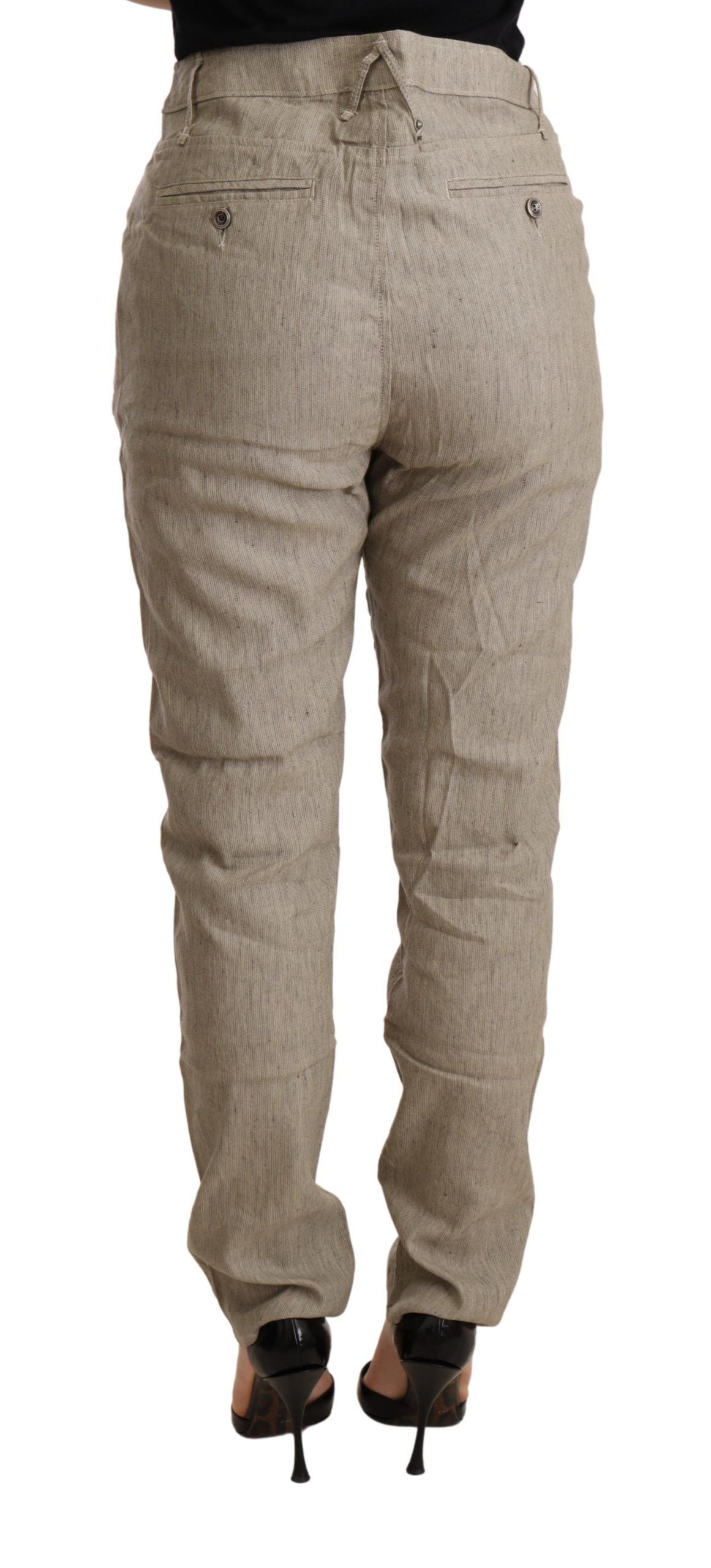 Beige Byxor Med Mellanhög Midja, Casual, Baggy, Stretchig