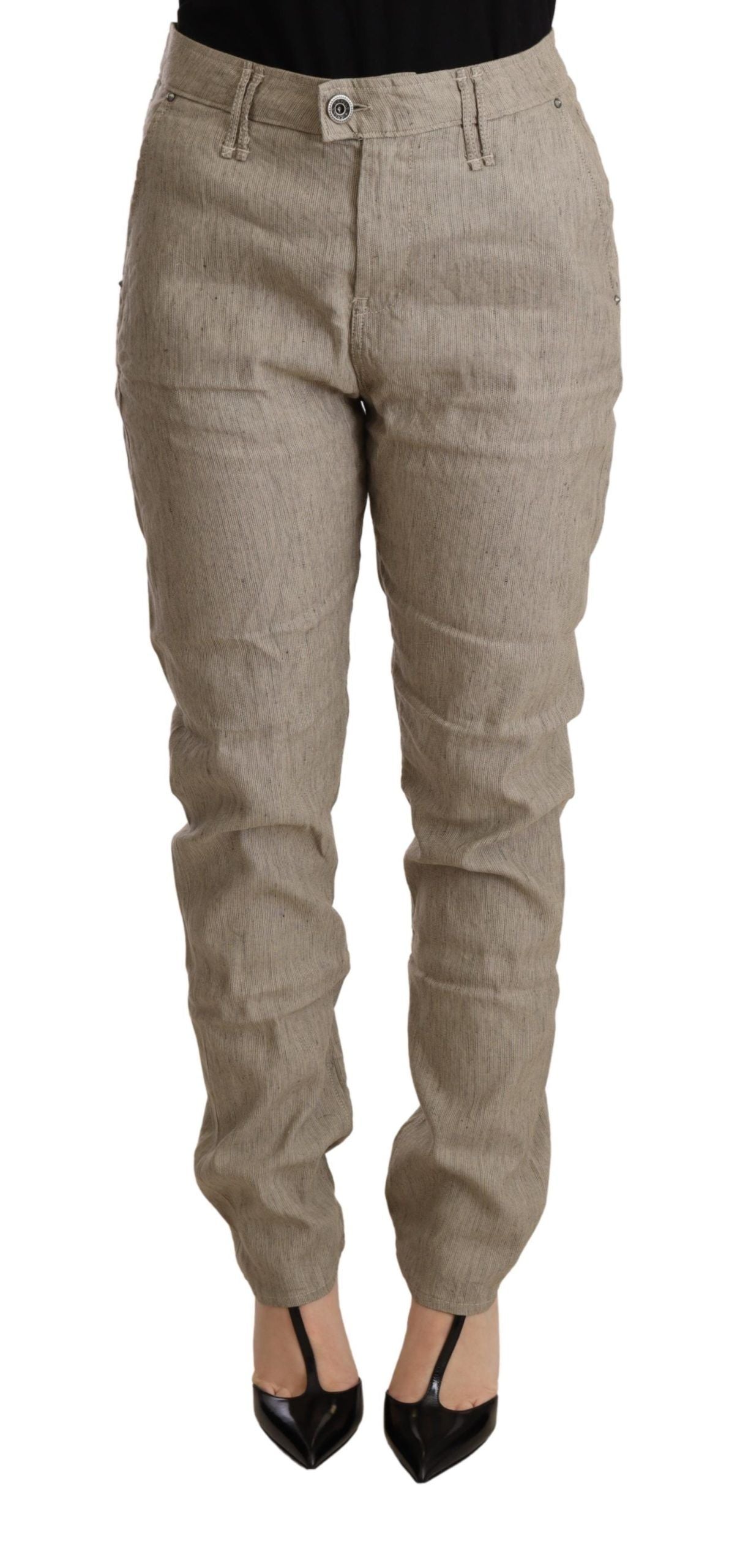 Beige Byxor Med Mellanhög Midja, Casual, Baggy, Stretchig