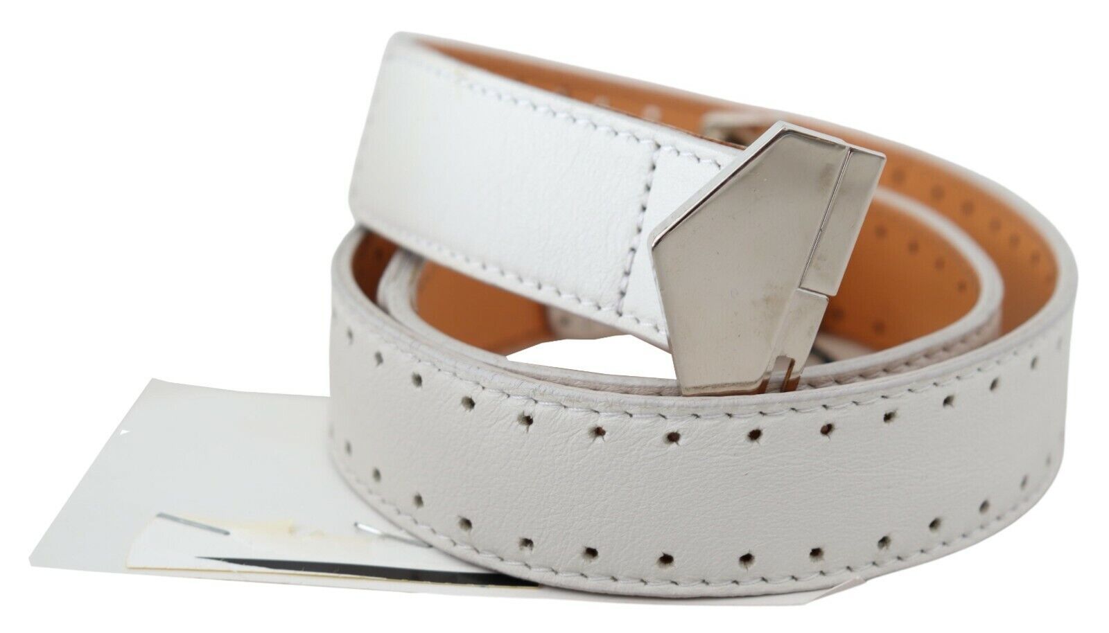 GF Ferre White Leather Hexagon Logo Buckle Waist Belt