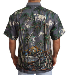 Dolce & Gabbana Gray Linen Tropical Print Collared Shirt
