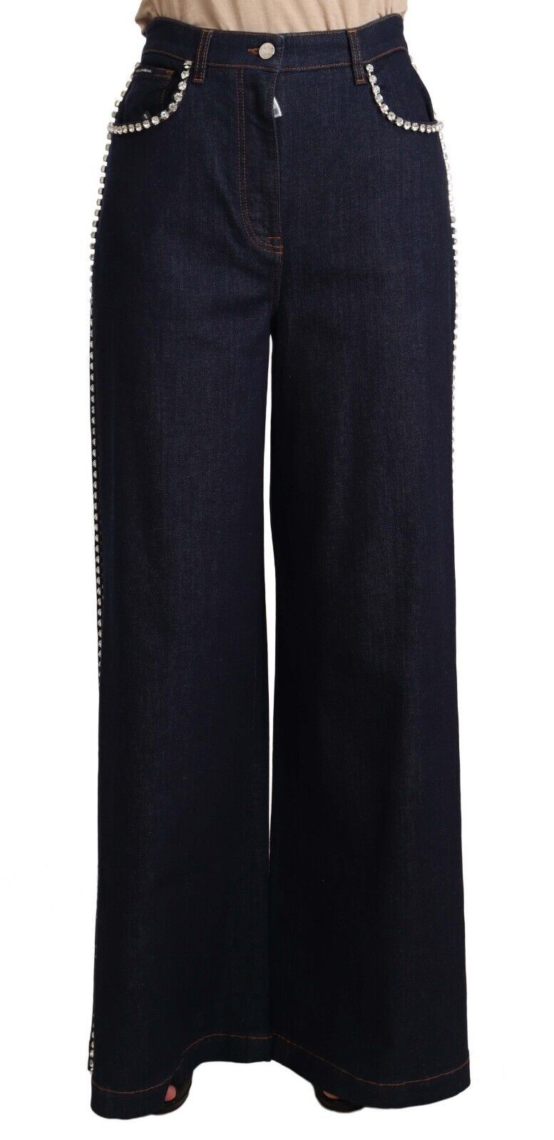 Mörkblå kristallutsmyckade utsvängda jeans