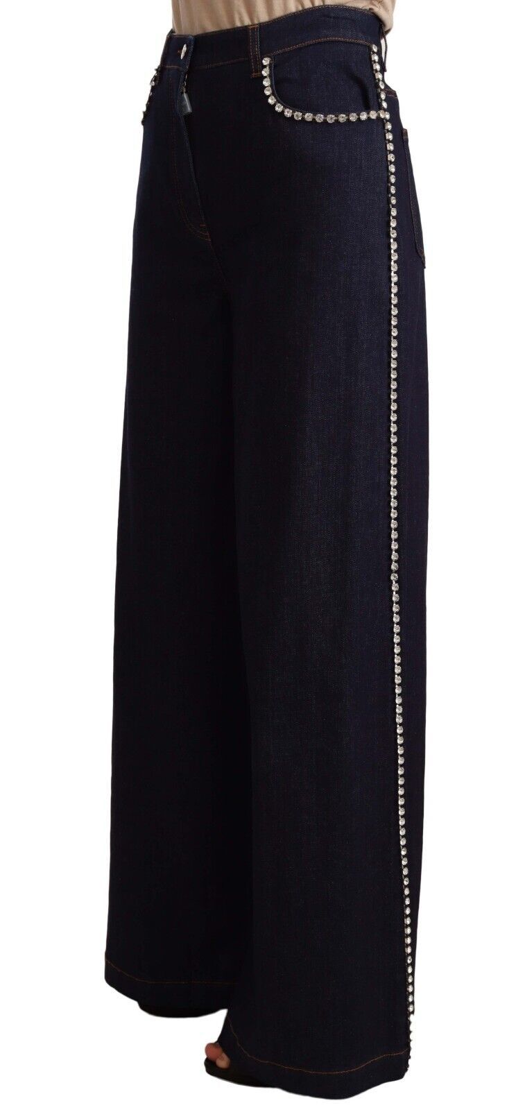 Mörkblå kristallutsmyckade utsvängda jeans