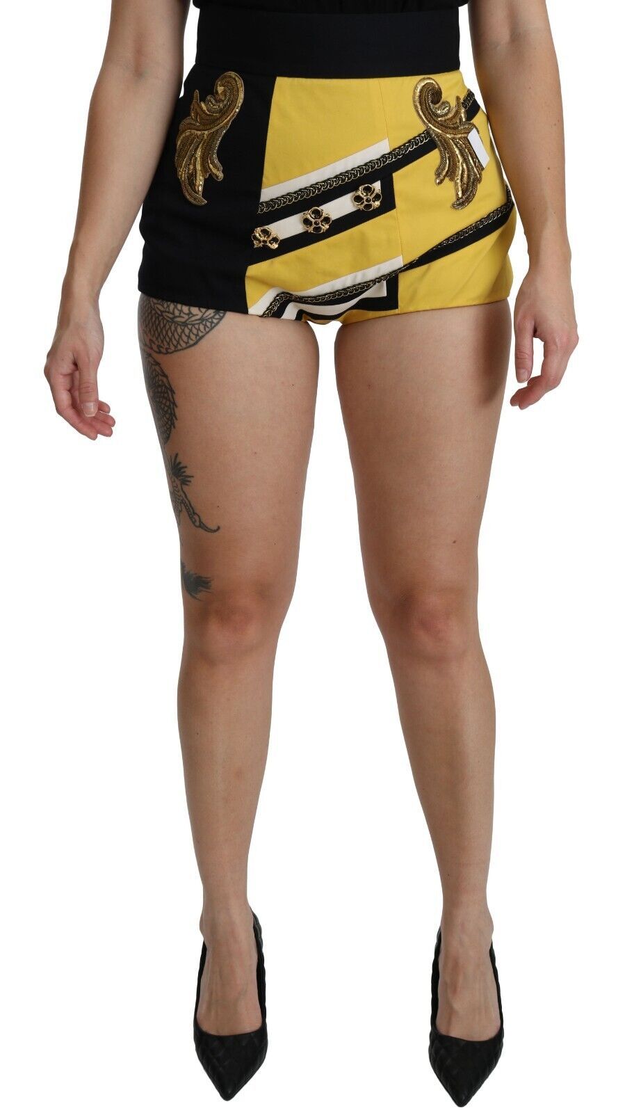 Gula Svarta Bomulls Juvelprydda Hotpants Shorts