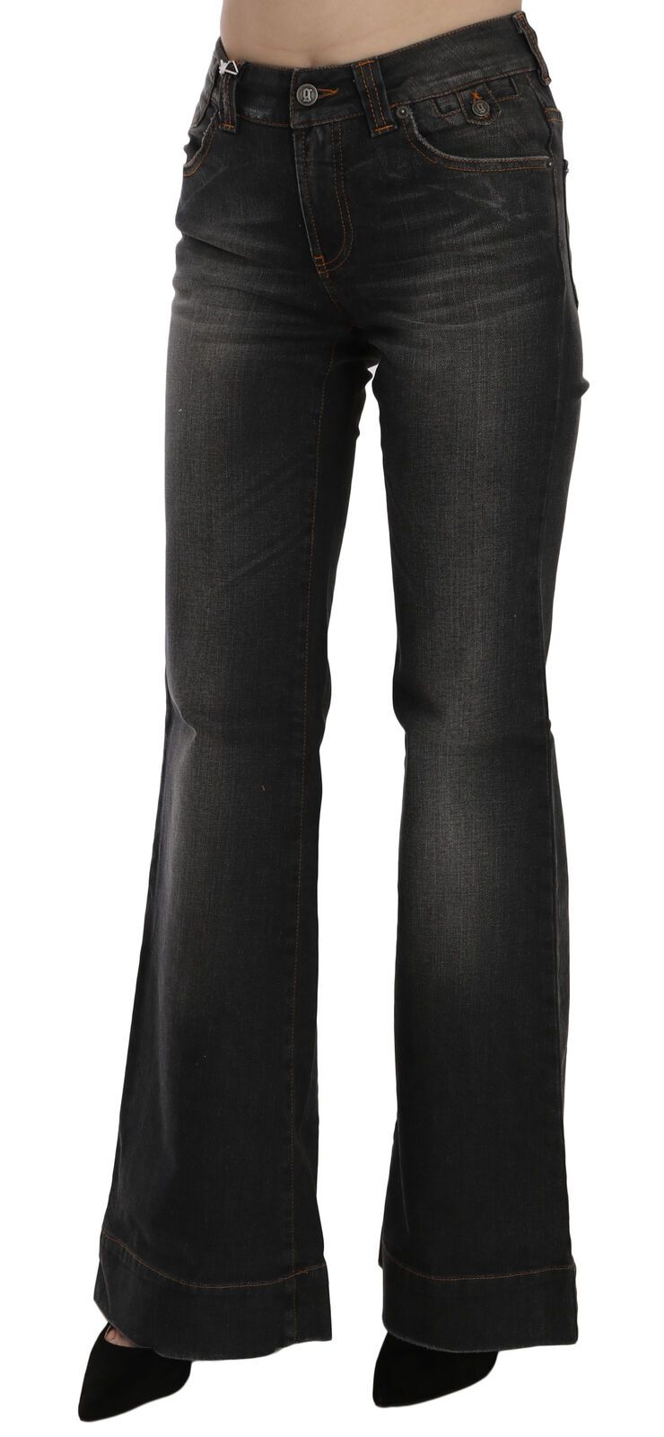 Svarta tvättade, utsvängda jeans med medelhög midja och casual passform