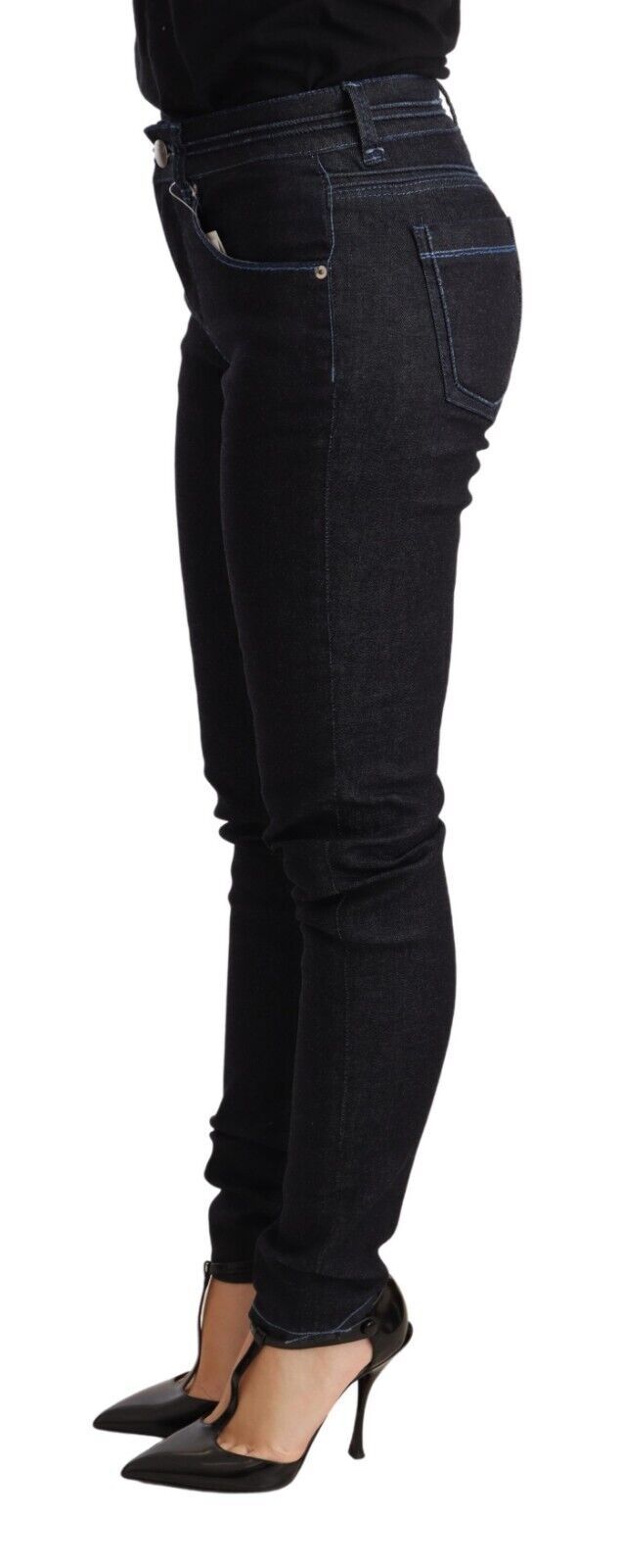 Blå bomulls lav midje slim fit denimbukse til dame