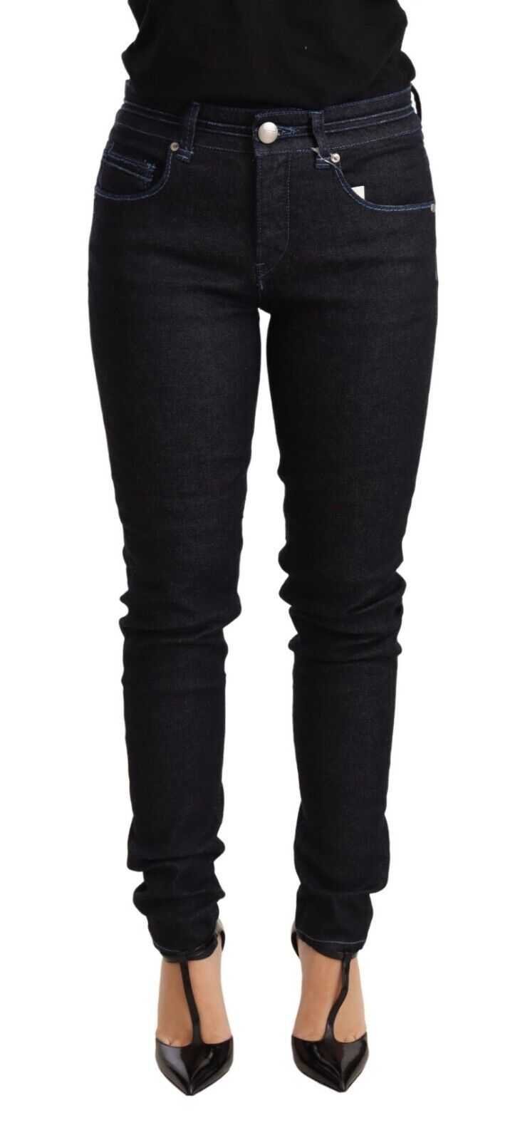 Blå bomulls lav midje slim fit denimbukse til dame