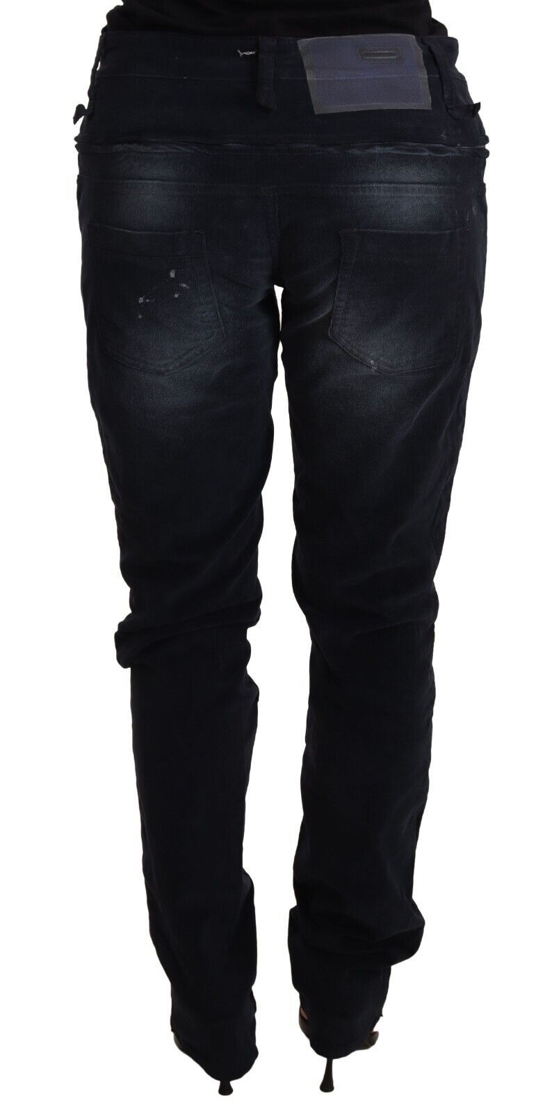Blå tvättade bomullsdenimbyxor med låg midja och lös passform