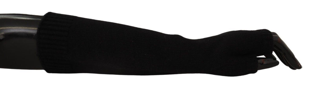 Svarta stickade fingerlösa armbågslånga handskar