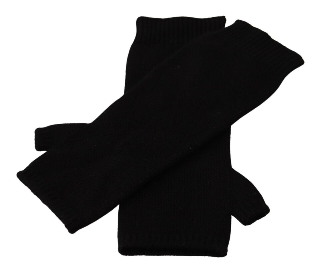 Svarta stickade fingerlösa armbågslånga handskar