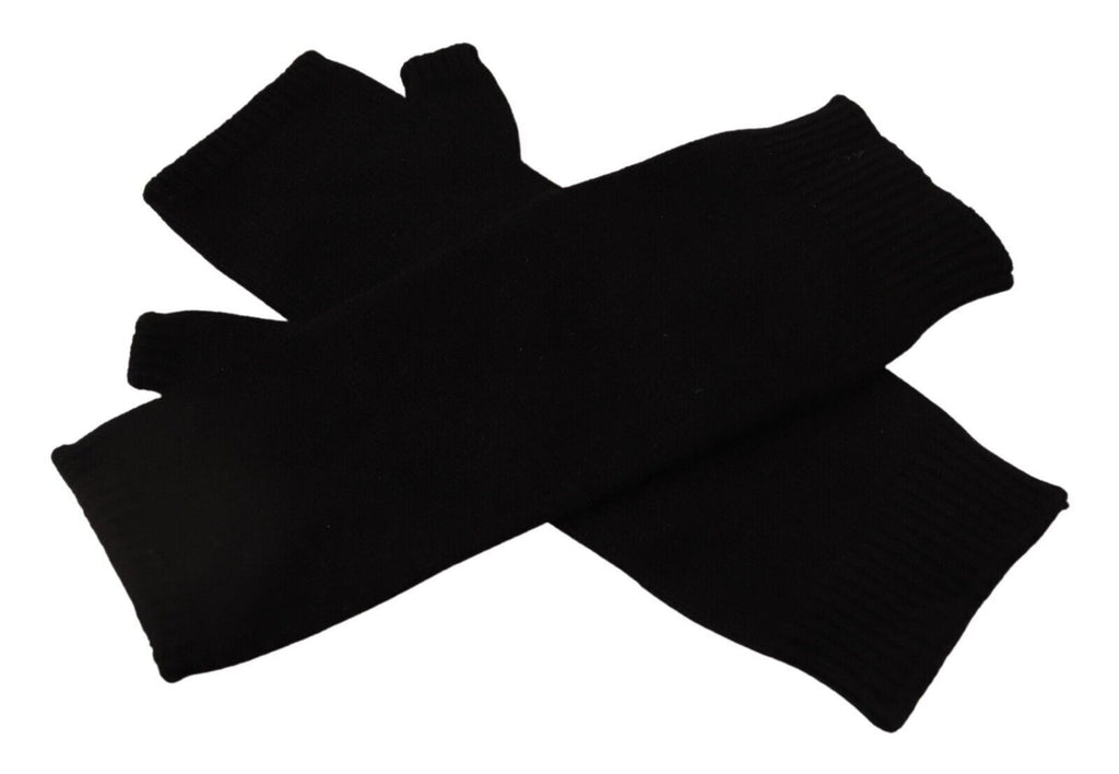 Svarta stickade fingerlösa armbågslånga handskar