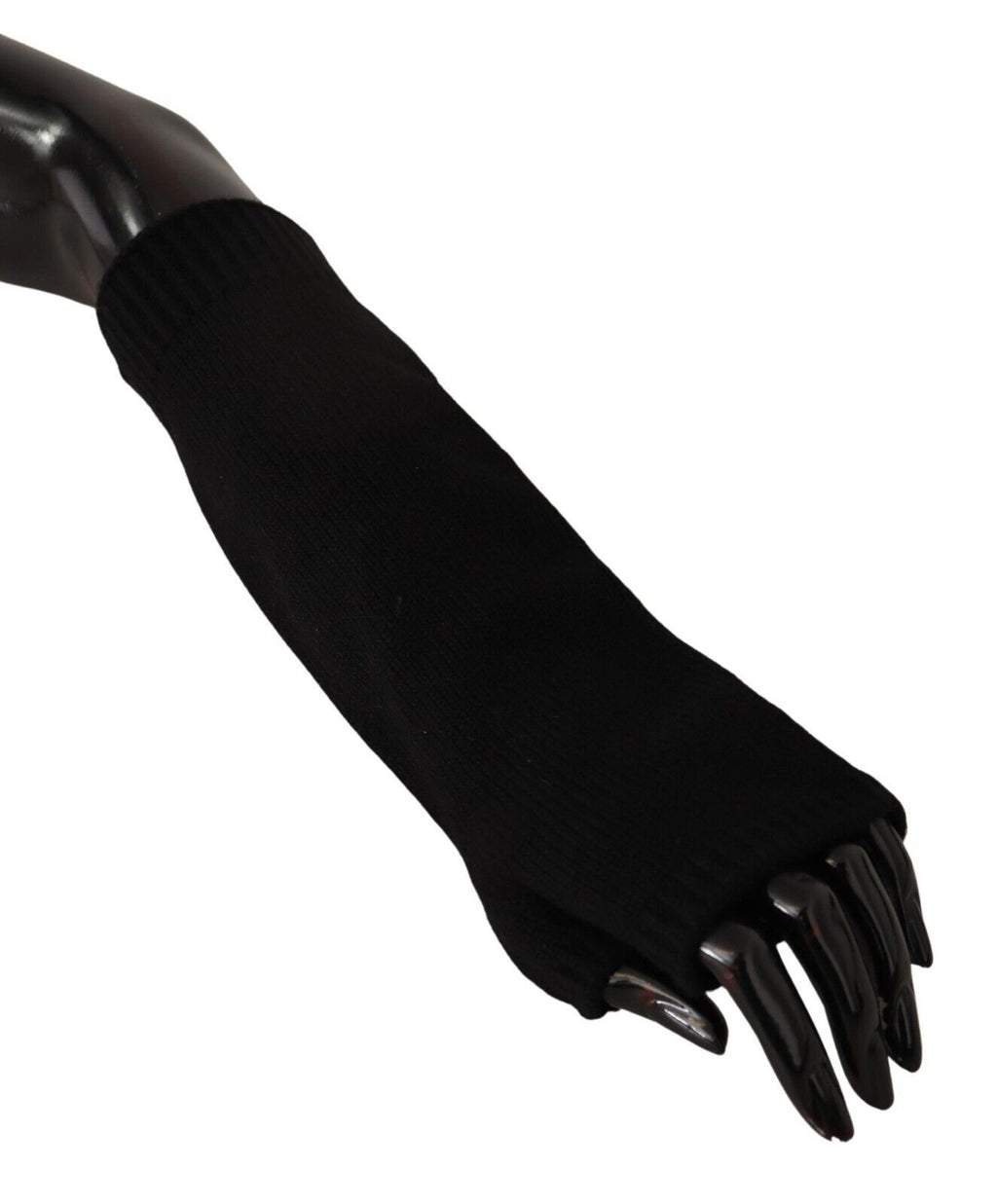 Svarta stickade fingerlösa armbågslånga handskar