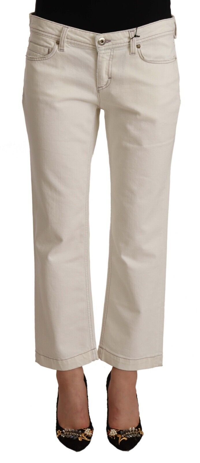 Off White Bomulls Utsvängda Beskurna Denim Jeans
