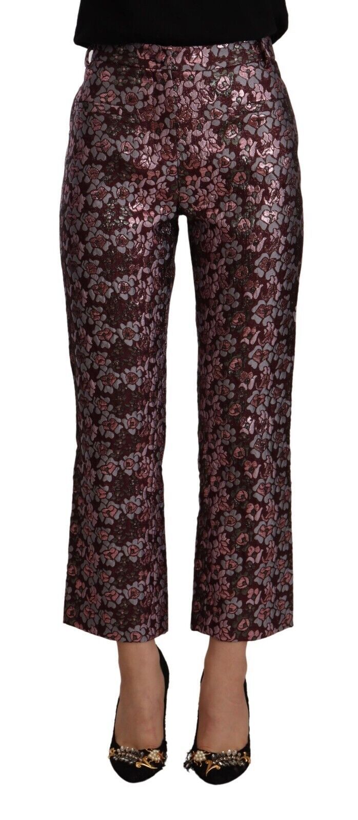 Flerfärgade blommiga jacquard utsvängda beskurna byxor