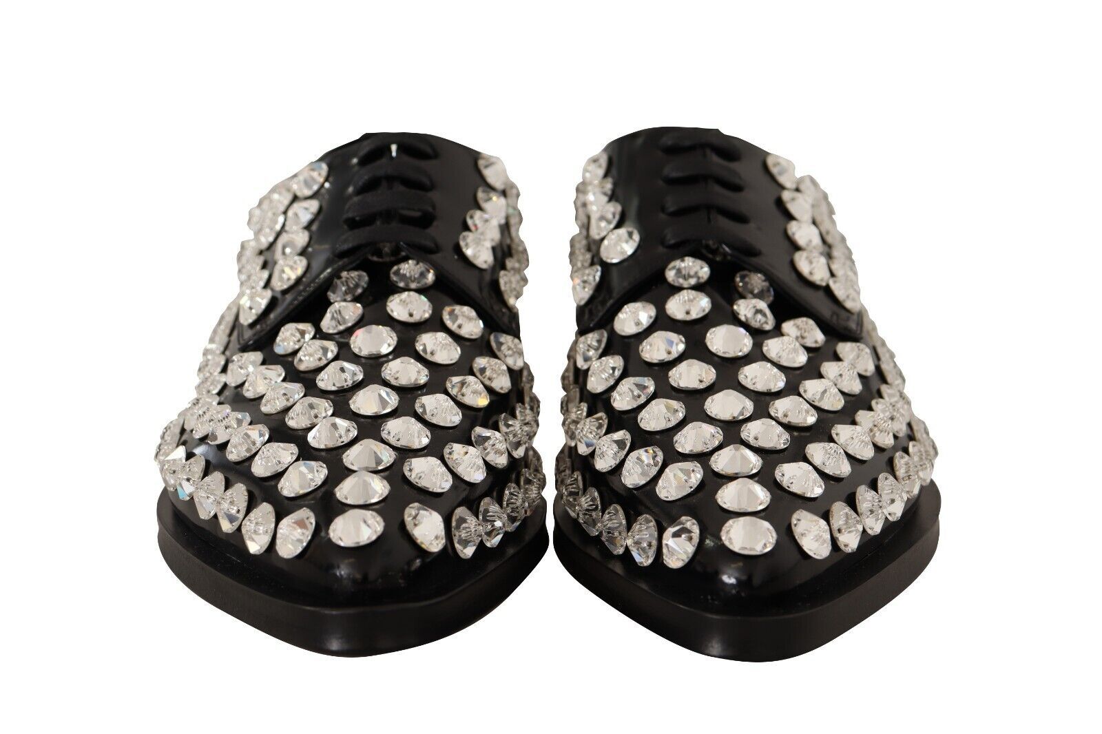 Dolce & Gabbana Black Leather Crystals Lace Up Formal Shoes