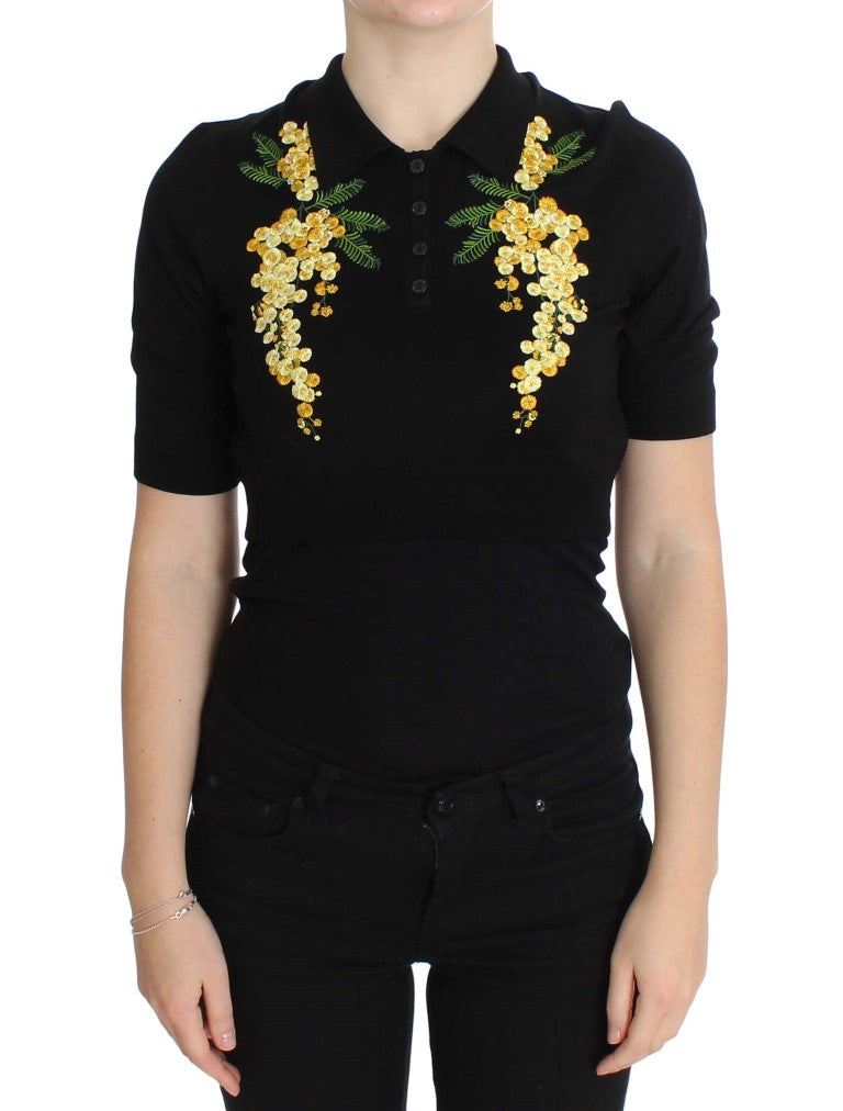 Dolce &amp; Gabbana svart silkepolo med blomsterbroderi