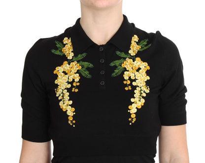 Dolce &amp; Gabbana svart silkepolo med blomsterbroderi