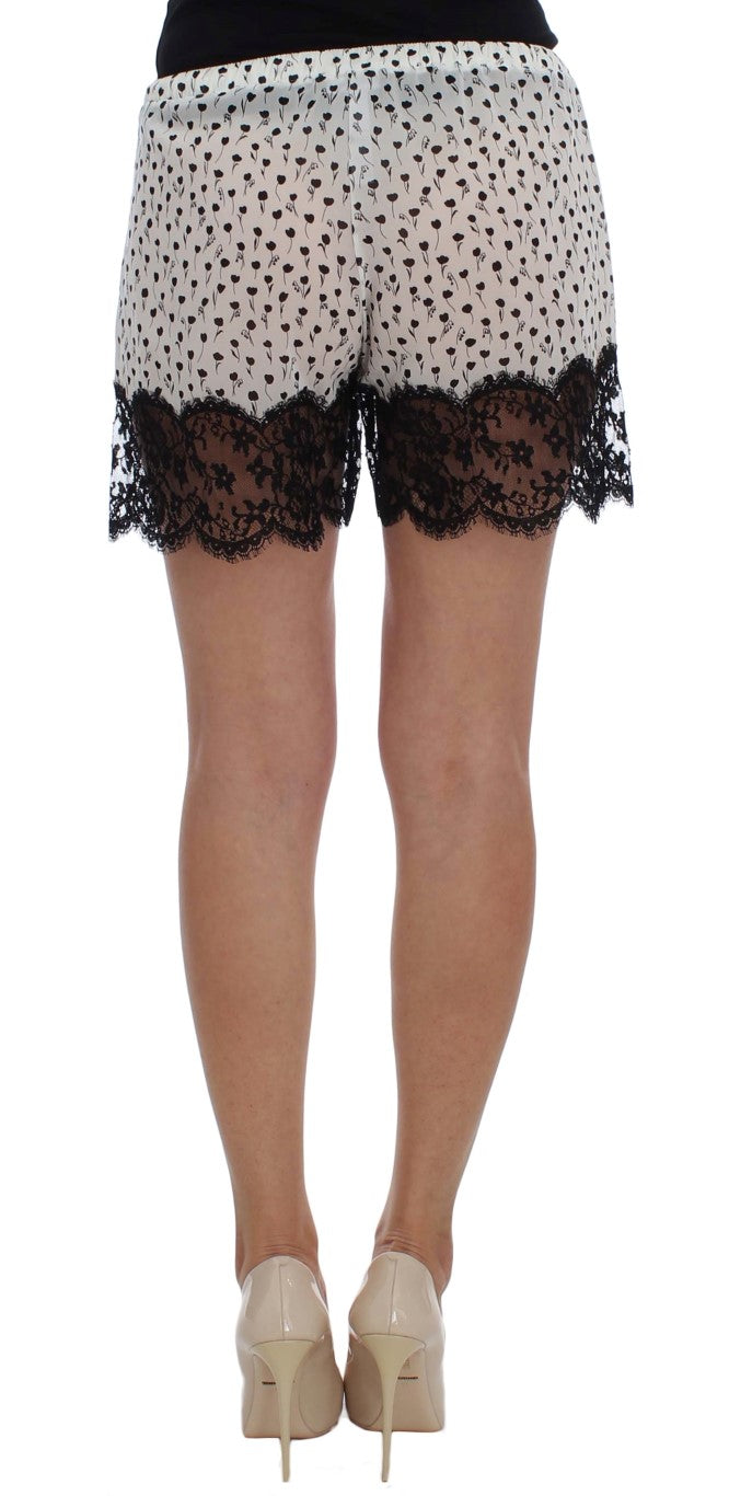 Vita Svarta Blommiga Spets Sidensömnadsshorts 