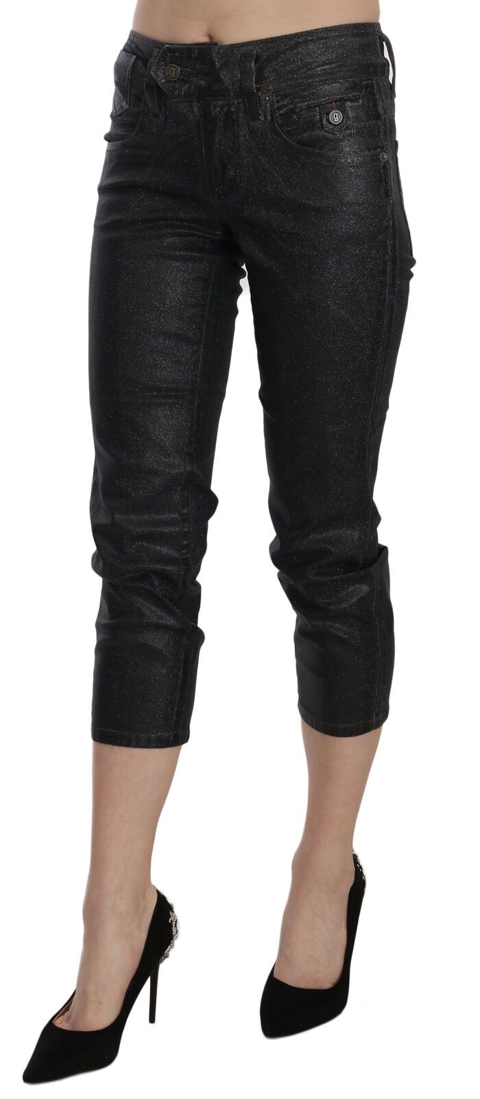 Svarta tvättade denimbyxor med medelhög midja och smala ben