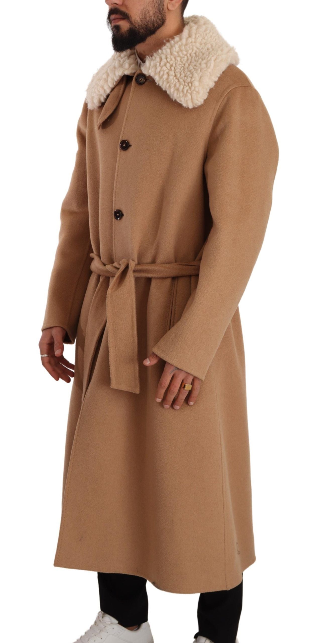 Dolce & Gabbana Beige Camel Skin Cashmere Shearling Overcoat Jacket